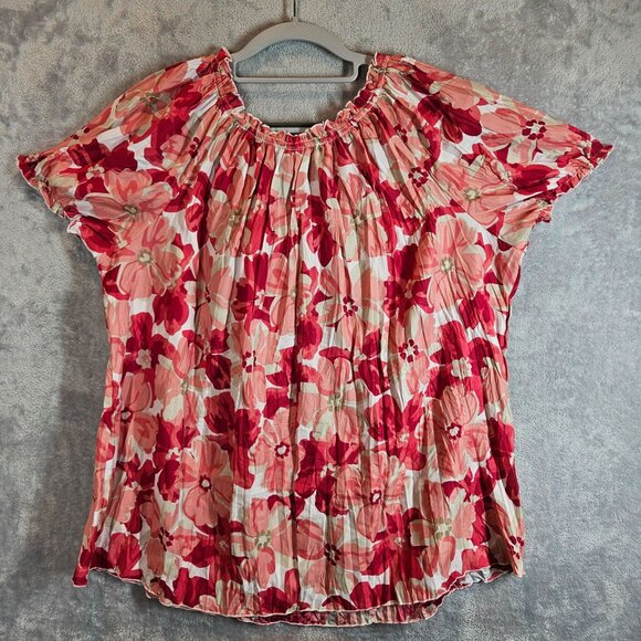 Croft & Barrow Floral Red Pink Peasant Blouse drawstring Womens L Feminine - Picture 2 of 11